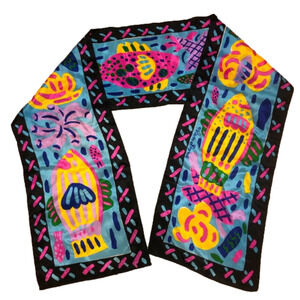 VTG 80s Ken Done Silk Long Tie Scarf Head Wrap Tropical Fish Floral Bright